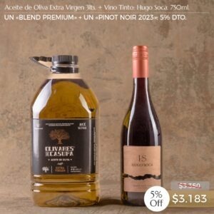 ¡PROMOCIÓN! Un «BP» 3lts. + Un «PINOT NOIR 2023» Hugo Soca. 750ml. Dto. 5%.