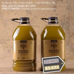 ¡PRE*COMPRA! Aceite de Oliva Extra Virgen «Sin Filtrar» Dto. 5%. Dos Botellones 3lts.